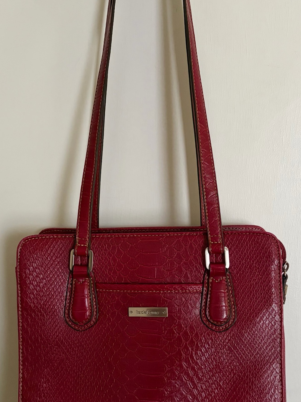Liz Claiborne Red Croc Embossed Tote Shoulder Bag Multi Compartment